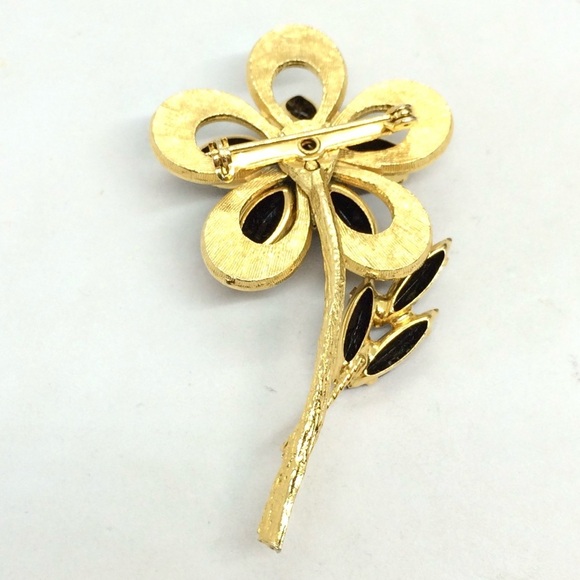 !!SOLD!! VINTAGE BLACK RHINESTONE FLOWER BROOCH PIN GOLD TONE - Picture 12 of 17